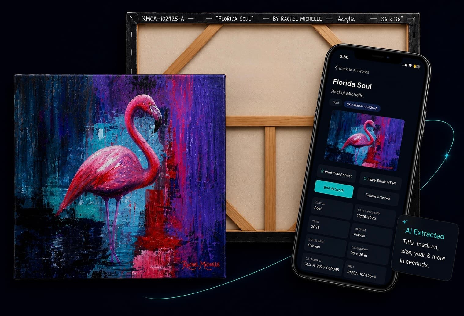GalleryLogix AI artwork cataloging interface featuring Florida Soul by Rachel Michelle